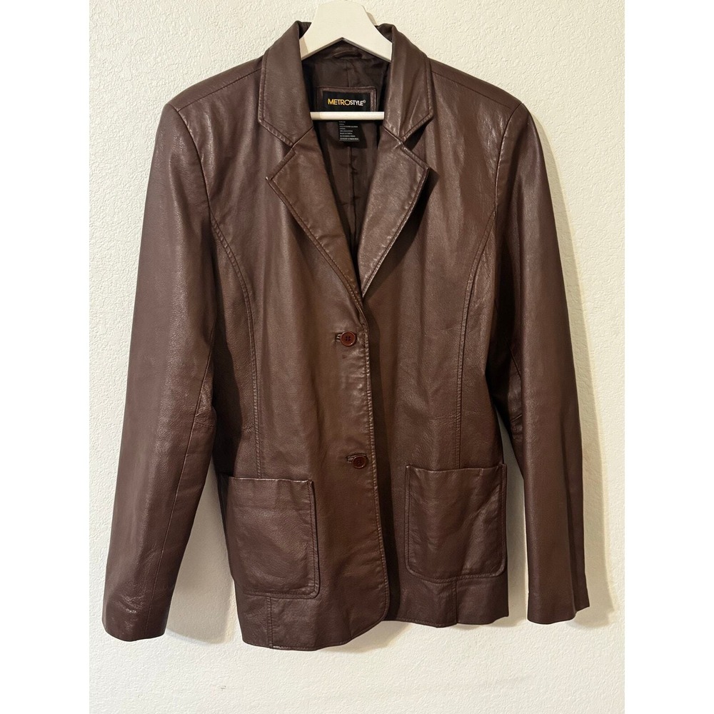 Metrostyle Womens Leather Blazer Jacket Brown 2 Button‎ Career Office